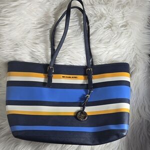Michael Kors Blue and Yellow Striped Tote